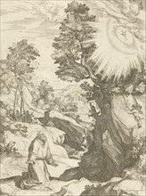 Landscape with vision of St. Francis of Assisi, print maker: Cornelis Cort, Girolamo Muziano, Carlo