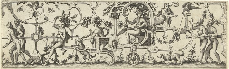 Chariot with a woman, pulled by two men, a turtle and a dog