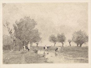 Landscape with three cows in a ditch, Elias Stark, Johan Hendrik Weissenbruch, 1859 - 1890