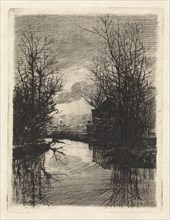 House and trees along the water, print maker: Elias Stark, 1859 - 1890