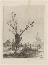 Skater with sled near a willow, print maker: Johannes Franciscus Hoppenbrouwers, 1829 - 1866