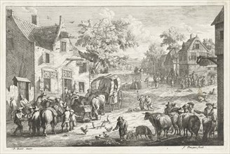 Village with travelers and cattle traders at inn, A.F. Bargas, 1660-1699