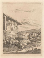 Landscape with boar before a stable, Anonymous, 1643 - 1692