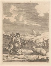 Young shepherd with a sheep and a goat, print maker: Anonymous, 1643 - 1692