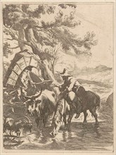 Shepherd boy at a stream, print maker: Jan de Visscher, Nicolaes Pietersz. Berchem, 1643 - 1692