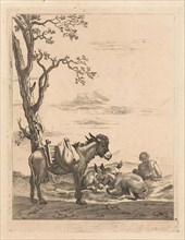Resting Shepherd near three donkeys, Anonymous, 1643 - 1692