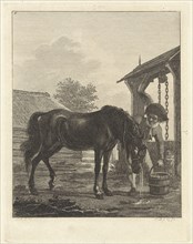 Man lets a horse drink from a bucket, Joannes Bemme, Jan Anthonie Langendijk Dzn, 1802