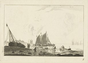 Beach with a sailing ship on the sand, Anonymous, Reinier Nooms, 1700 - 1799