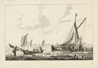 Backwater with sailboats and fishermen on the shore, Anonymous, Reinier Nooms, 1700-1799