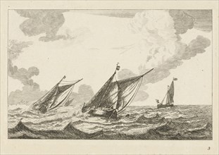 Three sailboats on a rough sea, Anonymous, Reinier Nooms, 1700 - 1799