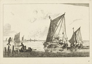Two sailboats and a rowboat, print maker: Anonymous, Reinier Nooms, Chéreau possibly, 1700 - 1799