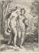 Two of Diana's nymphs with pitchers, Jan Saenredam, Hendrick Goltzius, 1616