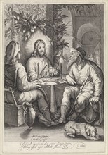 Meal at Emmaus, print maker: Jacob Matham, Hendrick Goltzius, Cornelius Schonaeus, 1604 - 1608