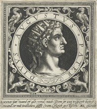 Portrait of Emperor Augustus on medallion, print maker: Nicolaes de Bruyn, Nicolaes de Bruyn,