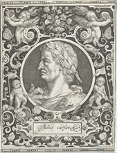 Portrait of Julius Caesar in medallion inside rectangular frame with ornaments, Nicolaes de Bruyn,