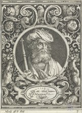 Portrait of Charlemagne in medallion inside rectangular frame with ornaments, Nicolaes de Bruyn,