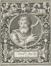Portrait of King David, medallion inside rectangular frame with ornaments, print maker: Nicolaes de