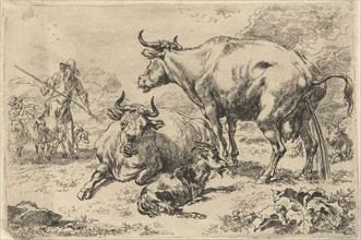 Reclining and a urinating cow, Nicolaes Pietersz. Berchem, 1630 - 1683