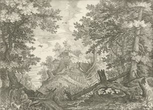 Wooded landscape with two hunters and a dog, Aegidius Sadeler, Roelant Savery, 1609