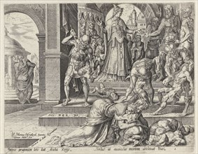 Queen Athaliah orders the king's children to be killed, Harmen Jansz Muller, Hadrianus Junius,