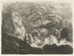 Rocky Landscape with Waterfall, Pierre Louis Dubourcq, 1830 - 1858