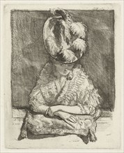 Portrait of a Young Woman with hat looking out of the window, print maker: Louis Bernard Coclers,