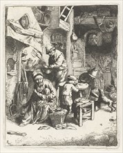 Peasant family in interior, print maker: Abraham Bloteling possibly, Adriaen van Ostade, 1655 -