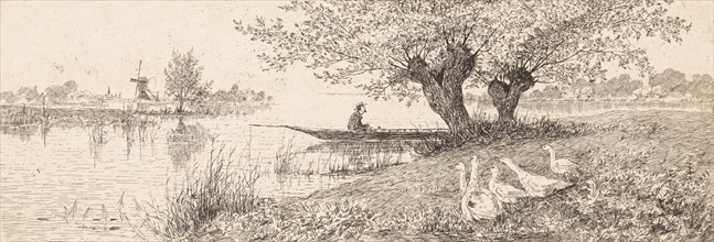 River Landscape with a man in a boat and geese on the bank, Elias Stark, 1887