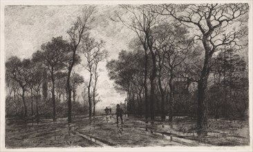 Three people on a road lined with trees, Elias Stark, 1887