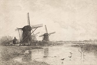 Landscape with three windmills along a canal, Elias Stark, 1887