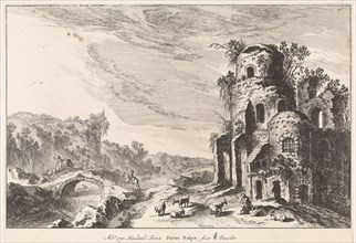 Landscape with a bridge and a ruin, print maker: Pieter Nolpe, Adriaen van Nieulandt I, Claes Jansz