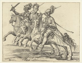 Three riders with raised swords, turned to the right, Jacob de Gheyn (II), 1599