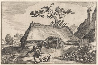 A farm, a man and a barking dog, Claes Jansz. Visscher II, Abraham Bloemaert, Boetius Adamsz.