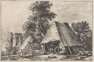 Farm between the trees, print maker: Claes Jansz. Visscher II, Abraham Bloemaert, BoÃ«tius Adamsz.