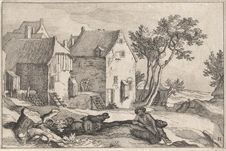 Farm and shepherd with sheep, print maker: Claes Jansz. Visscher II, Abraham Bloemaert, BoÃ«tius