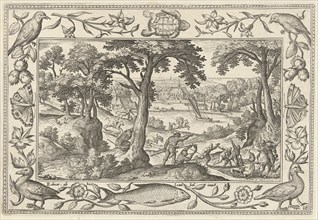 Boar Hunt, print maker: Adriaen Collaert, Hans Bol, Eduwart van Hoeswinckel, 1582 - 1586