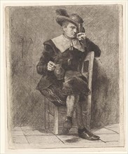 Man with jug and glass on a chair. print maker: Jan Weissenbruch, 1837 - 1880