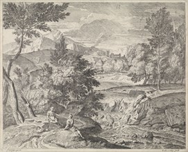 Arcadian landscape with two figures at a waterfall, Richard van Orley, 1678 - 1732