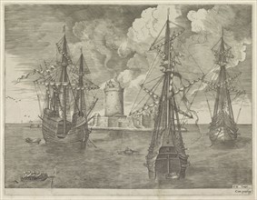 Three warships at anchor near a lighthouse, print maker: Frans Huys, Pieter Brueghel I, unknown,