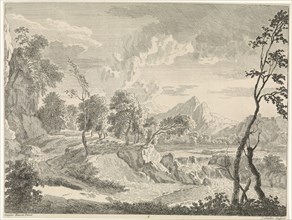 Hilly landscape with a waterfall, Johannes Glauber, 1656 - 1726