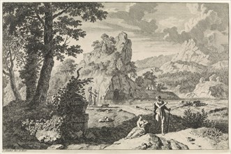 Arcadian landscape with ruins, print maker: Johannes Glauber, Johannes Glauber, 1656 - 1726