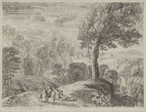 Joseph helps Mary off the donkey, print maker: Herman van Swanevelt, 1623 - 1655