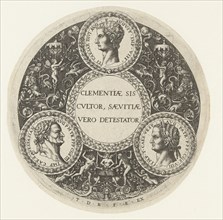 Medallion with Tiberius top center, lower left Vespasian and lower right Titus, print maker: