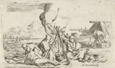 Five soldiers around a campfire, Jan van Ossenbeeck, 1647 - 1674