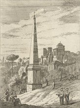 Italianate landscape with obelisk and view on a town, print maker: Jan Frans van Bloemen, 1689 -