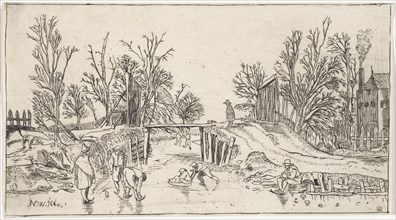 Skaters near a wooden bridge, Nicolaes Cornelisz. Witsen, Esaias van de Velde, 1660