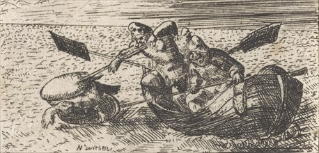 Fishermen at sea catch a turtle, Nicolaes Cornelisz. Witsen, Hans Bol, 1656 - 1717