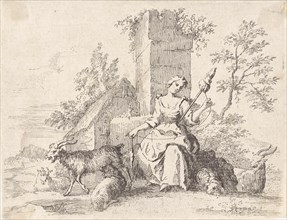 Spinning shepherdess, Paul van Somer (II), 1670 - 1697