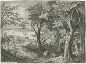Highwaymen robbery travelers in a landscape, Jan van Londerseel, Claes Jansz. Visscher (II), 1601 -