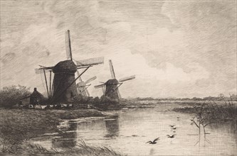 Landscape with three windmills along a canal, Elias Stark, 1887